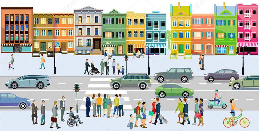 City with road traffic, apartment buildings and pedestrians on the sidewalk, illustration