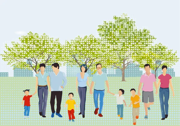 春天和家人在公园里的闲暇时间 — 图库矢量图片