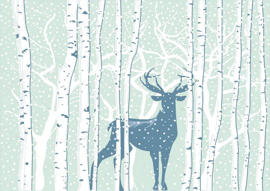 Deer in winter landscape with snowflakes