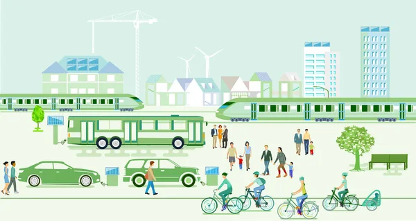 Elektrikli Araçları Ekspres Trenleri Olan Ekolojik Şehir — Stok Vektör