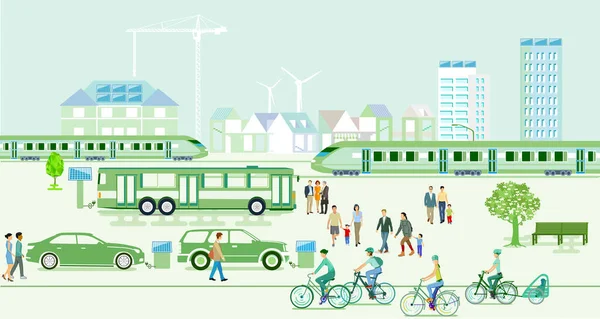 Città Ecologica Con Veicoli Elettrici Treni Espressi — Vettoriale Stock