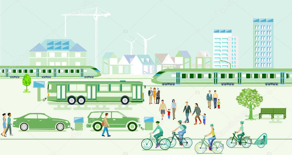Ecological city with electric vehicles and express trains