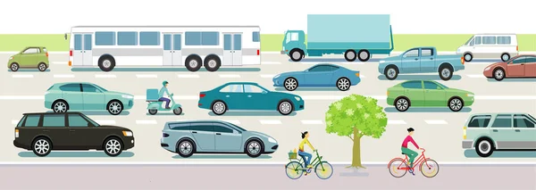 公共汽车和骑自行车的道路交通 — 图库矢量图片