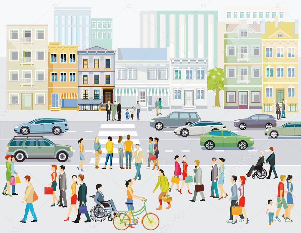 Street with pedestrians and crosswalks illustration