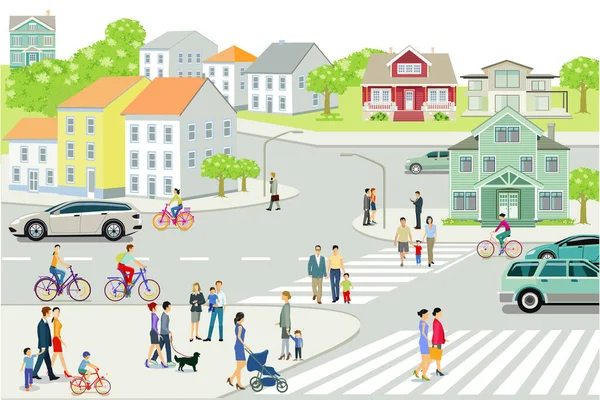 Paysage Urbain Avec Les Gens Circulation Routière Illustration — Image vectorielle