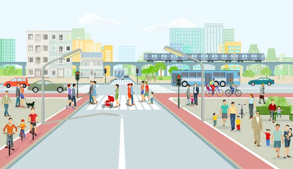 Paesaggio Urbano Con Traffico Stradale Treno Sopraelevato Illustrazione Delle Persone — Vettoriale Stock