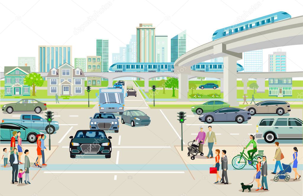 Transport with elevated train, bus and road transport illustration