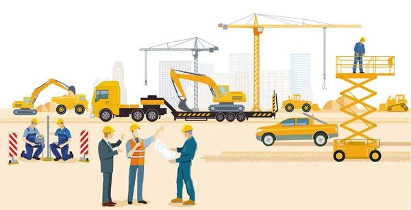 掘削機 建築家や重いトラックと建設現場 — ストックベクタ