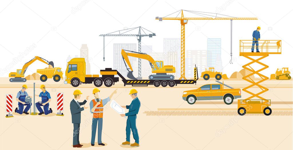 Construction site with excavator, architect and heavy truck