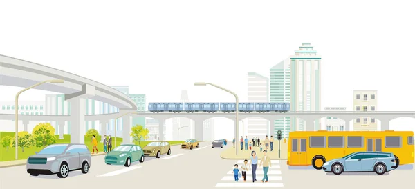 Cityscape Com Tráfego Rodoviário Trem Elevado Ilustração Pessoas — Vetor de Stock