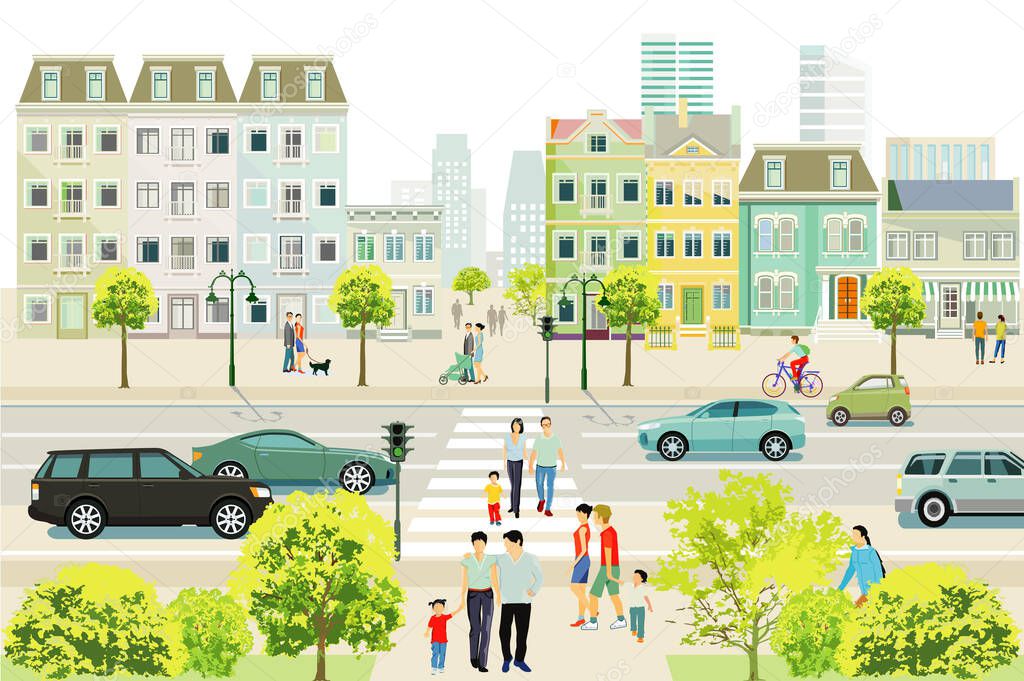 Road traffic with families and people on the sidewalk illustration