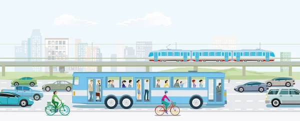具有高架火车 公共汽车 自行车和城市景观图解的公路交通 — 图库矢量图片