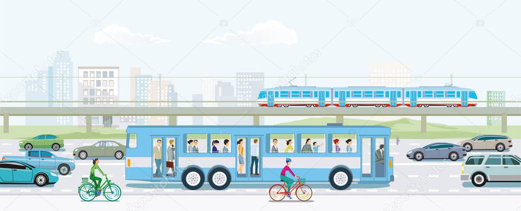 Road traffic with elevated train, bus and cyclist and cityscape illustration