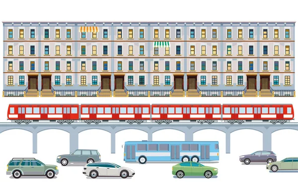 Οδικές Μεταφορές Υπερυψωμένο Τρένο Και Εικονογράφηση Αστικού Τοπίου — Διανυσματικό Αρχείο