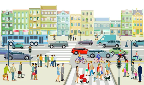 Straßenverkehr Mit Menschen Auf Dem Gehweg Illustration — Stockvektor