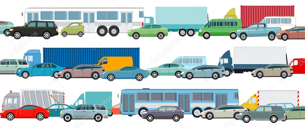 Rush hour, cars in traffic jam, vector illustration