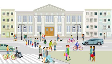 City view with pedestrian crossing and pedestrians, illustration clipart