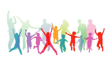 Çocuklu mutlu aileler atlayıp eğleniyorlar.