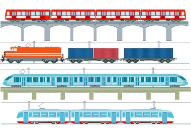 Modern yolcu trenleri, metro ulaşımı, yüksek hızlı trenler ve metro treni, tramvay, kargo treni - vektör çizimi