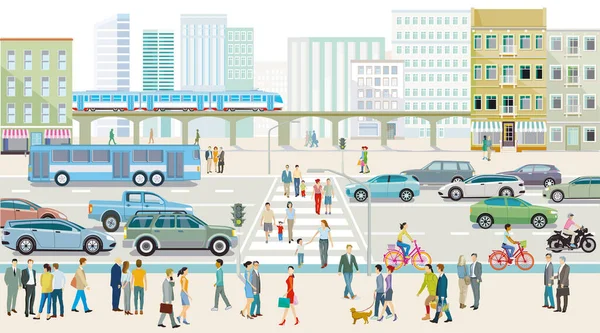 Silhueta Cidade Com Pessoas Calçada Trânsito Rodoviário Ilustração — Vetor de Stock