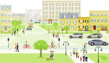 Aile ve insanlarla yol trafiği kaldırım resimlerinde