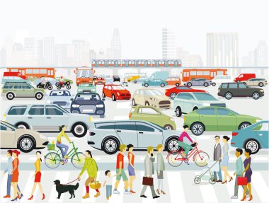 Trafik sıkışıklığında şehir silueti, ve yükseltilmiş tren, kaldırımda insanlar