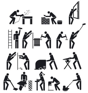 Bir grup zanaatkar piktogram izole edildi.