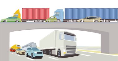 Kamyon, otobüs ve yolcu vagonlu otoyol köprüsü