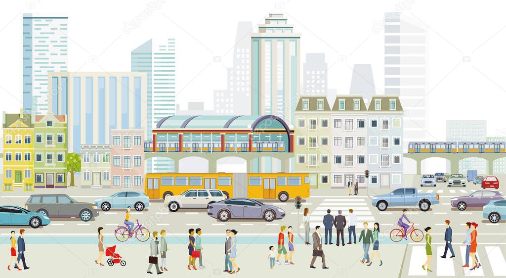 City silhouette with road traffic and elevated train, people on the sidewalk