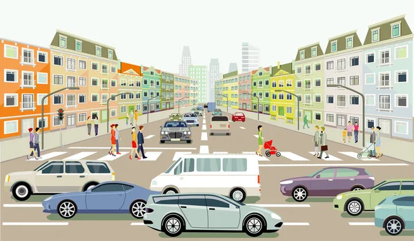 Straßenverkehr Mit Menschen Auf Dem Zebrastreifen Illustration — Stockvektor