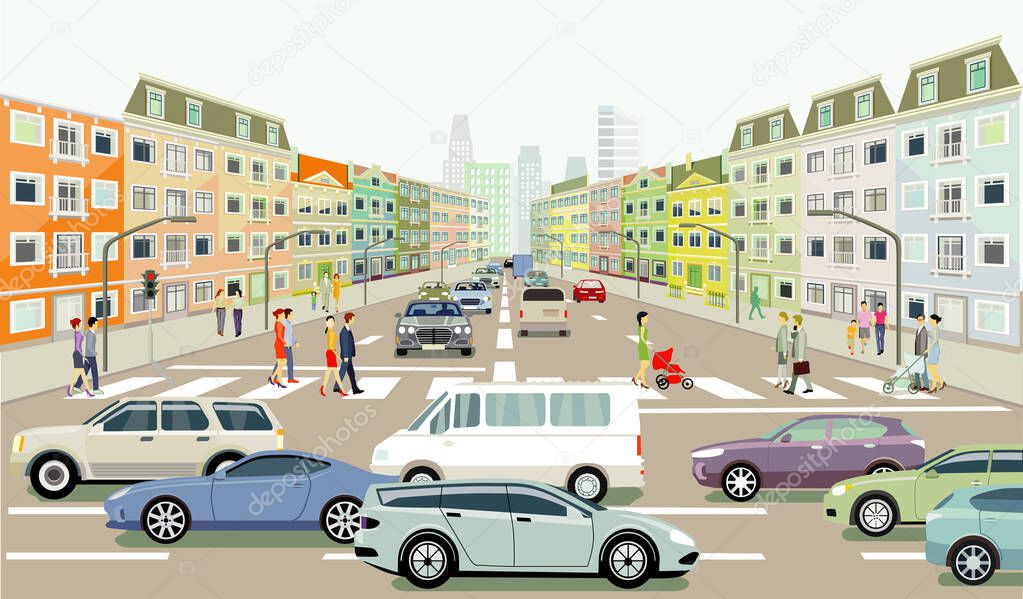 Road traffic with people on the zebra crossing, illustration