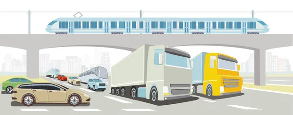 Autosnelwegbrug Met Sneltrein Vrachtwagen Bus Personenauto — Stockvector