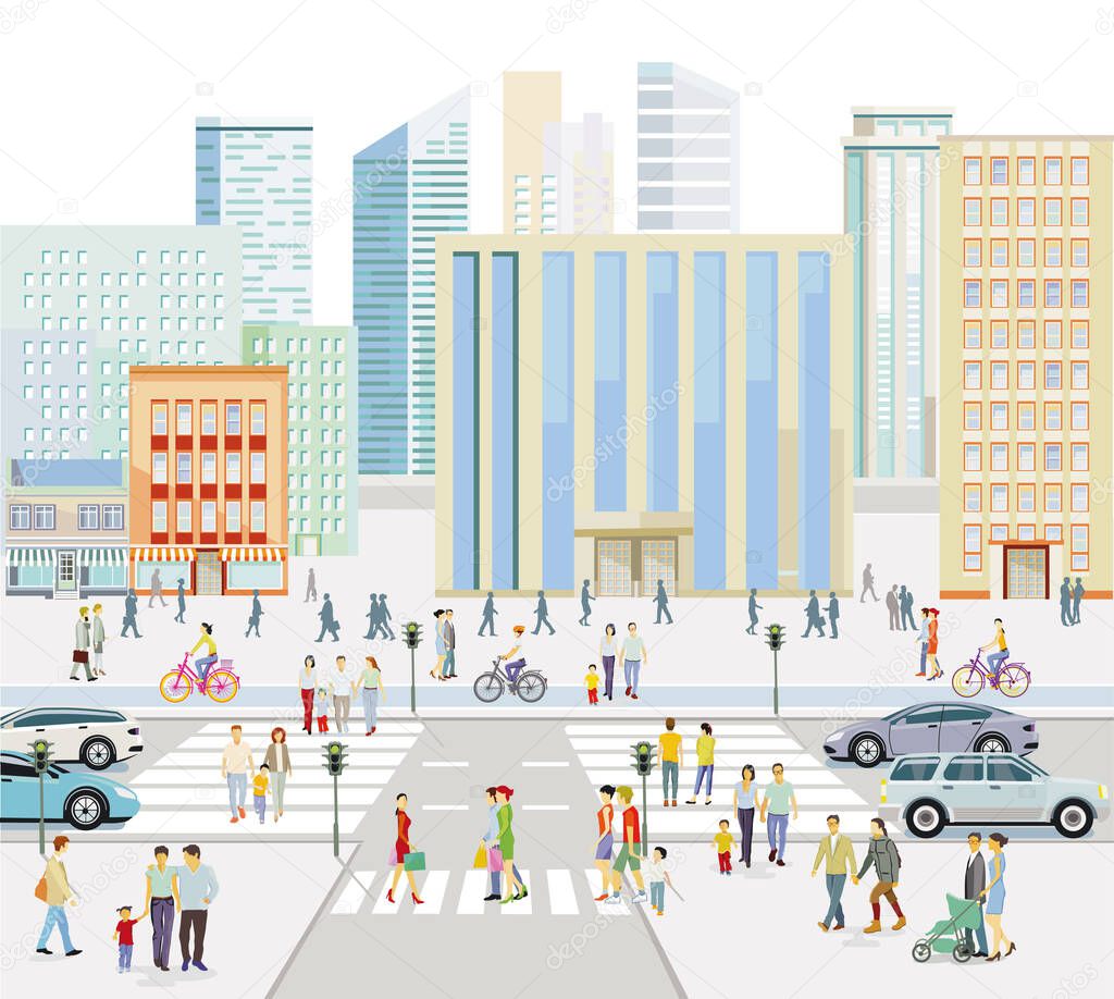 Streets in front of a big city illustration