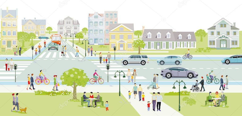 Families and people on the sidewalk with road traffic illustration