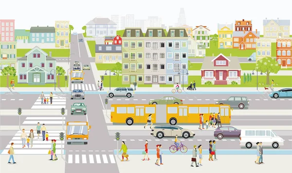 Città Silhouette Famiglie Persone Sul Marciapiede Con Illustrazione Del Traffico — Vettoriale Stock