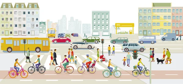 Paisagem Urbana Com Trânsito Rodoviário Pedestres Ilustração — Vetor de Stock