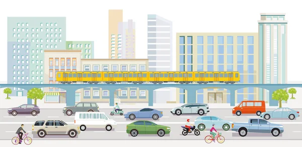 Gran Ciudad Con Transporte Por Carretera Metro Frente Edificios Ilustración — Archivo Imágenes Vectoriales