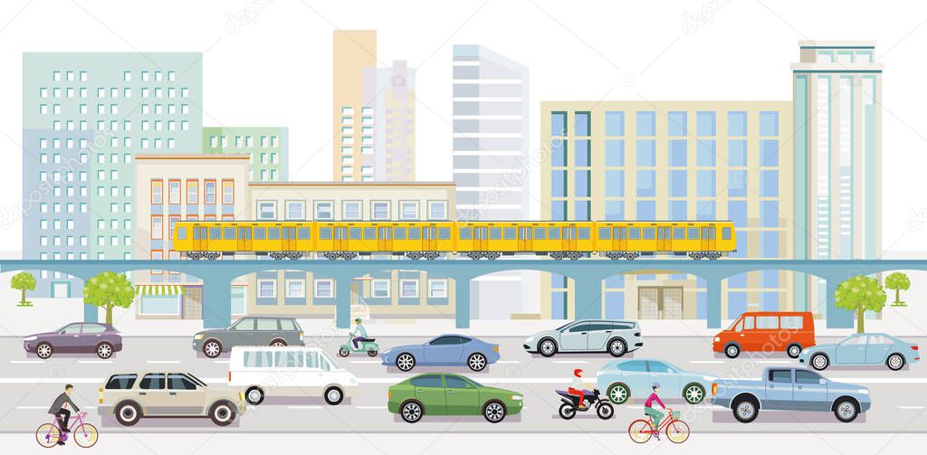 Big city with road transport and metro, in front of buildings, illustration