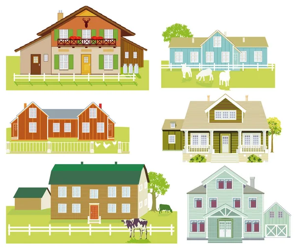 Reihe Von Bauernhäusern Und Landhäusern Illustration Isoliert — Stockvektor