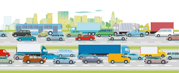 Közúti Forgalom Autópályán Egy Nagyvárosi Illusztráció Előtt — Stock Vector