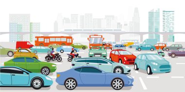 Büyük bir şehirdeki trafik sıkışıklığında arabalar kavşakta.