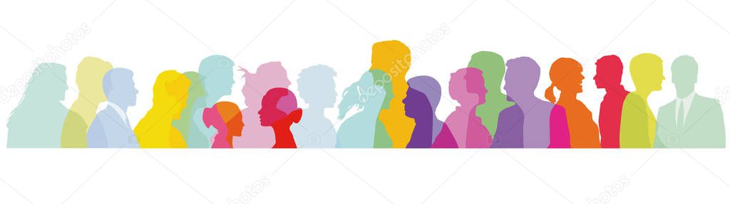 Colorful crowd, faces in profile illustration