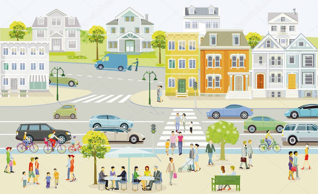 Small town with houses and traffic, pedestrians in the suburb - illustration