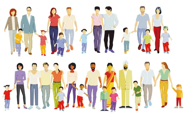 farklı aileler, ebeveynler ve çocuklar, beyaz insanlardan oluşan gruplar