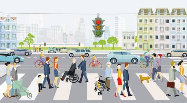Zebra yol trafiği ve yayalarla trafik ışıklarıyla kesişiyor.
