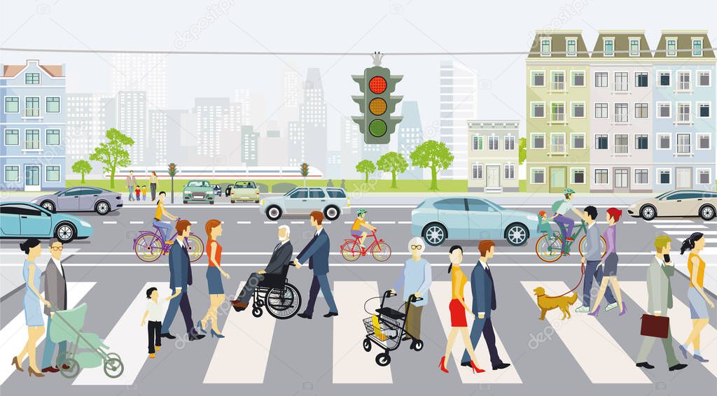 Zebra crossing with road traffic and traffic lights with pedestrians, illustration
