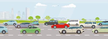 Yoğun araba trafiği ve hızlı tren illüstrasyonuyla otoyol