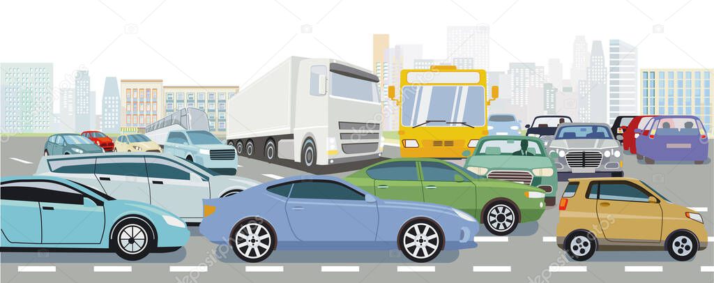 Cars in traffic jam on the intersection in a city