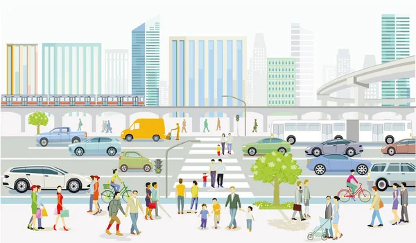 现代城市形象与公路交通和斑马线上的行人 — 图库矢量图片