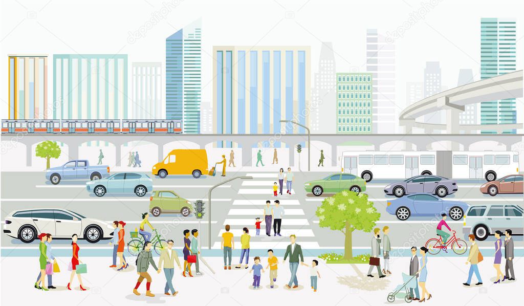 Modern city silhouette with road traffic and pedestrians on the zebra crossing, illustration